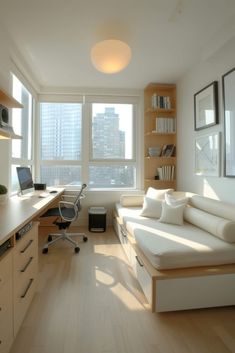 a living room filled with furniture next to a window covered in bookshelves and windows