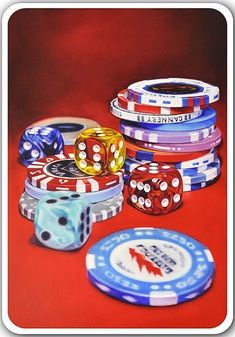 a painting of poker chips and dices on a red table