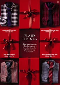 men's shirts and ties are wrapped in red paper, with the words plaid tidings printed on them