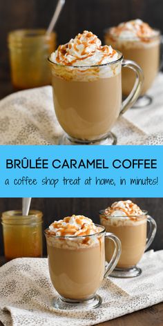 two mugs filled with caramel coffee and topped with whipped cream, on top of a