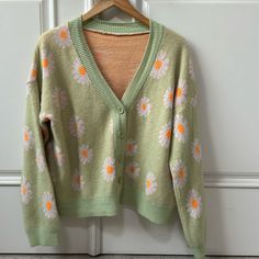 Sweater Is Soft And In Great Condition. Never Worn. Spring Sweater With Buttons For Day Out, Buttoned Sweater For Spring Day Out, Cute Spring Sweater With Buttons, Vintage Green Cardigan For Spring, Vintage Green Spring Cardigan, Retro Spring Sweater With Button Closure, Retro Sweater With Button Closure For Spring, Cute Green Cardigan For Spring, Cute Green Winter Cardigan