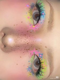 Kidcore Makeup Looks, Extravagant Eye Makeup, Subtle Clowncore Makeup, Pink And Yellow Makeup Looks, Fun Makeup Ideas Easy, Decora Kei Makeup, Artistry Makeup Looks, Cute Makeup Looks Colorful, Colorful Makeup Aesthetic