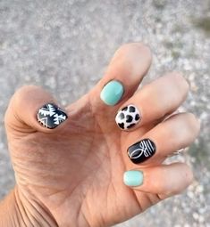 Boot stitch, aqua and black rodeo nails Cowboy Nails Western Short, Rodeo Nails Acrylic, Black Western Nail Designs, Fun Acrylic Nails Designs Short, Cow Girl Nail Design, Teal New Years Nails, Nails For Rodeo, Boot Stitch Nails, Short Nail Designs Western