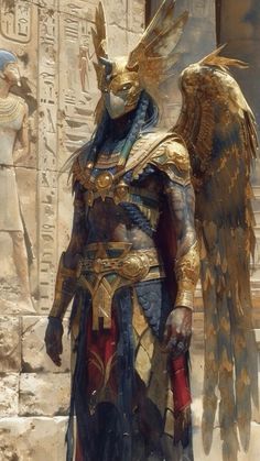 an egyptian man dressed in gold and blue with wings on his head, standing next to a statue