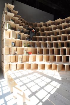 a person sitting on top of a wooden shelf filled with books