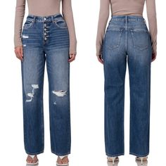 Medium Wash Super High Rise Button Fly Distressed Wide Leg Denim Pants Front Rise: 11 3/4", Inseam: 31 1/2" Approx. Leg Opening: 19.25" Approx. * Model Is 5'9"" Wearing Size 27 100% Cotton 1110 Dark Wash Relaxed Fit Button-up Jeans, Trendy Mid-rise Cropped Jeans With Button Closure, Medium Wash Cotton Jeans With Snap Buttons, Relaxed Fit Denim Pants With Button Closure, Casual Denim Blue Cropped Jeans With Button Closure, Cotton Jeans With Snap Buttons In Medium Wash, Blue Jeans With Buttoned Pockets For Fall, Button-up Denim Blue Jeans, High Rise Dark Wash Cropped Jeans With Button Closure