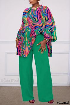 Olivia Mark - Elegant Women's Two-Piece Blouse and Trouser Set Green Long Sleeve Sets For Spring, Green Long Sleeve Spring Sets, Chic Green Long Sleeve Sets, Casual Multicolor Blouse For Party, Casual Multicolor Party Blouse, Green Non-stretch Trendy Blouse, Trendy Multicolor Workwear Sets, Casual Multicolor Party Sets, Trendy Multicolor Sets For Workwear