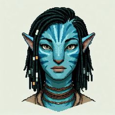 an avatar with blue makeup and braids on her face is depicted in this pixel art style