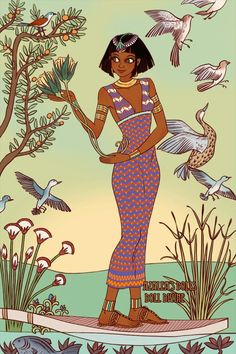 an egyptian woman is standing on a surfboard with birds flying around her and trees in the background