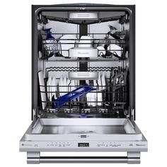 an open dishwasher with dishes in it on a white background and blue trim