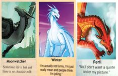 four different types of dragon cards with captions in english and spanish, including one for winter, the other for peril