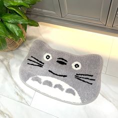 a cat rug on the floor next to a potted plant