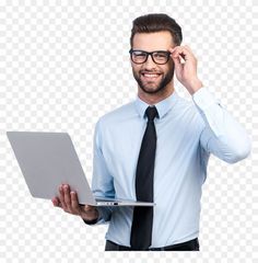 a man in glasses holding a laptop and talking on the phone while wearing a tie