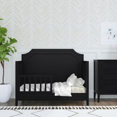 a black crib in a white room with a potted plant next to it