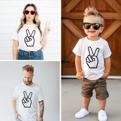 three photos of a young man and woman wearing t - shirts with peace signs on them