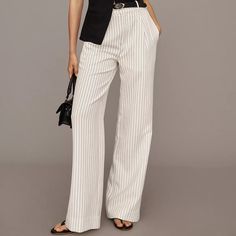 Size Small. New With Tags. Side Slant Pockets. Back Welt Pockets. Front Zip. 13" Rise. 31.5" Inseam. 10.25" Leg Opening. Elegant Striped Pants For Summer, Elegant Striped Summer Pants, Elegant Pinstripe Pants For Summer, Elegant Summer Pinstripe Pants, Classic Bottoms With Vertical Stripes For Summer, Striped Trousers For Office, Striped High-waisted Pants For Office, Office Striped Trousers, Classic Vertical Stripes Bottoms For Summer