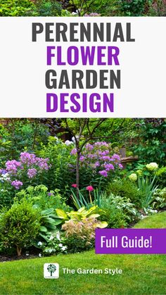 an image of the front cover of a flower garden design book with purple flowers and green grass