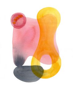 an abstract painting with orange, yellow and pink shapes on it's surface in the background