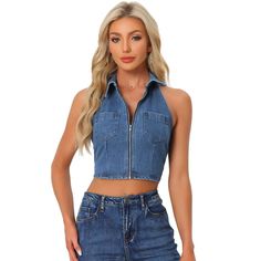 Made of denim fabric, stretchy and breathable to wear, this chic vest offers excellent flexibility, dynamic comfort, and a perfect fit for all day long. The trendy halter neck and cropped design enhance the body's natural silhouette and create a casual and elegant look. The cropped casual denim is versatile to match with jeans, shorts, and skirts, or you can wear it under a shirt, jacket, coat, or cardigan. Trendy Cropped Blue Vest, Trendy Sleeveless Medium Wash Crop Top, Trendy Medium Wash Sleeveless Crop Top, Fitted Denim Blue Sleeveless Tank Top, Sleeveless Denim Blue Crop Top, Trendy Sleeveless Denim Crop Top, Fitted Denim Top With Zipper Closure, Trendy Medium Wash Vest Top, Stretch Sleeveless Medium Wash Denim Top