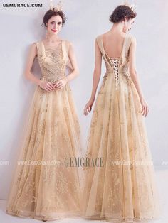 Gold A-line Evening Dress For Wedding, Gold Sleeveless Ball Gown For Party, Gold A-line Wedding Dress, Gold Dress With Sheer Bodice For Prom, Elegant Sleeveless Gold Ball Gown, Gold Sheer Bodice Dress For Prom, Gold A-line Evening Dress For Prom Season, Gold A-line Dress For Prom Season, Elegant Gold Tulle Gown