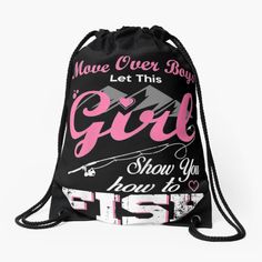 a black drawsack bag with pink lettering on the front and bottom, featuring an image of