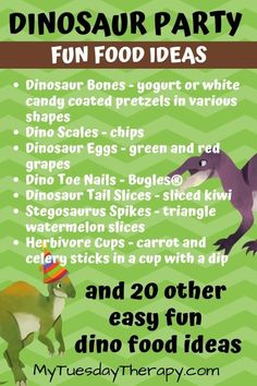 Dinosaur party is even more awesome with fun dinosaur party food! Birthday party for boys can't get better than this. Label the dinosaur party food and the food tastes super amazing. Dinosaur Birthday Party Food Labels, Dino Themed Food Party Ideas, Food For Dinosaur Themed Party, Dinosaur Birthday Food Ideas, Jurassic Park Party Food, Dinosaur Food Ideas