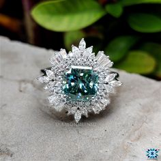 Baguette Halo, Moissanite Jewellery, Victorian Style Rings, Diamond City, Blue Moissanite, Sapphire Rings, Cyan Blue, Engagement Rings Platinum, Halo Setting