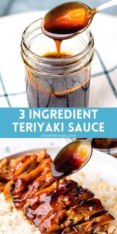 homemade teriya sauce being drizzled on top of rice