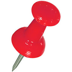 a close up of a red button on a white background with a pin in the middle