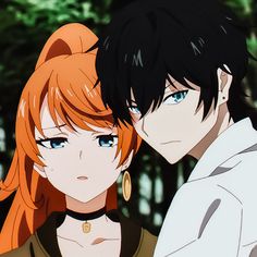 two anime characters standing next to each other with blue eyes and long red hair, one looking at the camera