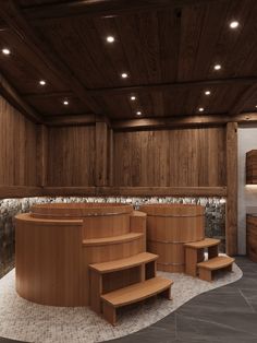 a room with wooden walls and steps leading up to the top floor is lit by recessed lights