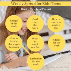 a girl writing on a notebook with the words, weekly spread for kids / teens