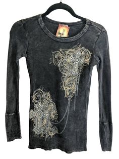 Light weight thermal filigree cross embellished with rhinestones. Fit: Fitted Care: Hand wash or dry clean only Material: 100% Cotton Winter Embellished Long Sleeve Tops, Embellished Long Sleeve Tops For Winter, 2000s Clothing, Outfits 2000s, Scene Outfits, Waffle Shirt, Dream Clothes, Womens Tunics, Tunics