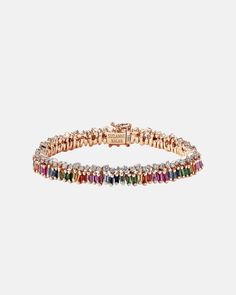 18k rose gold tennis bracelet with a row of uneven vertically stacked baguette rainbow sapphires and a row of uneven round white diamonds Sapphire Tennis Bracelet, Short Stack, Rainbow Sapphires, Vs Diamond, Tennis Bracelet, White Diamonds, Girls Best Friend, Eternity Bands, 18k Rose Gold