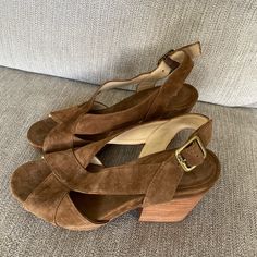 Brand New & Never Worn; Leather Sling Back With Buckles In Back; Very Soft And Padded Sole For Extra Comfort; Block 3” Heel; Most Comfortable Shoes Ever! Brown Sandals With Suede Lining For Spring, Brown Suede Slingback Sandals, Brown Suede-lined Heels For Spring, Brown Suede Lined Heels For Spring, Chic Brown Heels With Straps, Brown Slingback Sandals With 4-inch Heel For Spring, Brown Leather Slingback Pumps With Stacked Heel, Spring Brown Suede Slingback Sandals, Brown Leather Slingback Sandals With 4-inch Heel