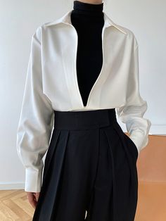 Long Sleeves Loose Solid Color Lapel Blouses BLACK-S Autumn Clothes, Fashion Board, Moda Vintage, Mode Inspo, 가을 패션, Blouse Vintage, Look Fashion, Classy Outfits, White Shirt