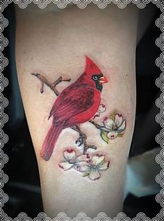 a red bird sitting on top of a branch with flowers around it's legs