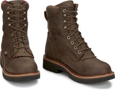 "Our 8"" tall lace-up work boot Rivot has a mild distressed hickory brown color. This boot is not only stylish but also built to endure the toughest work conditions. The oil and slip resistant durable polyurethane outsole provides excellent traction, ensu Rugged Work Boots With Round Toe And Lacing, Rugged Work Boots With Lacing And Round Toe, Rustic Lace-up Boots With Reinforced Toe, Rugged High-top Work Boots With Cushioned Footbed, Rustic Brown Lace-up Work Boots, Rugged Lace-up Work Boots With Reinforced Toe, Rugged Leather-lined Work Boots For Hiking, Rugged Leather-lined Moc Toe Work Boots, Rugged Slip-on Steel Toe Work Boots