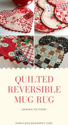 quilted reversible mug rugs with text overlay