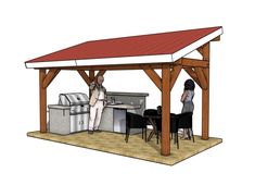 an outdoor bbq with two people cooking on the grill and one person sitting at the table