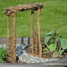 a small garden in a bird bath with plants and rocks on the ground next to it