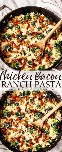 two pictures of chicken bacon ranch pasta with broccoli and cheese in a skillet