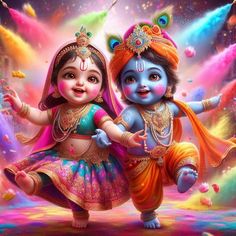 two small children dressed in colorful outfits dancing together with the colors of holi and rainbows behind them