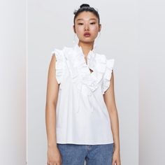 Zara Ruffled Poplin Shirt Never Worn! Size (Small) Color: White Elegant Spring Poplin Tops, Elegant Poplin Shirt For Spring, Elegant Spring Poplin Shirt, Chic Poplin Blouse For Daywear, Chic Daywear Poplin Blouse, Summer Ruffle Blouse For Workwear, Chic Shirt With Ruffled Collar And Ruffles, Chic Shirt With Ruffled Collar And Details, White Poplin Shirt For Summer