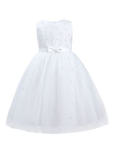 white tulle netting satin trim faux-pearl embellishment ruched detailing round neck concealed rear zip fastening rear bow fastening sleeveless fitted waistline flared skirt Elegant Embellished Sleeveless Princess Dress, Elegant Sleeveless Embellished Princess Dress, Elegant Embellished Tutu Dress For Dress-up, Embellished Sleeveless Dress For Dress-up, Princess Style Embellished Sleeveless Dresses, Princess Style Sleeveless Embellished Dresses, Embellished Tulle Dress For Dress-up, Sleeveless Embellished Tulle Tutu Dress, Elegant Sleeveless Tulle Dress For Dress-up