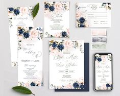 wedding stationery with flowers and greenery on the front, blue and white florals