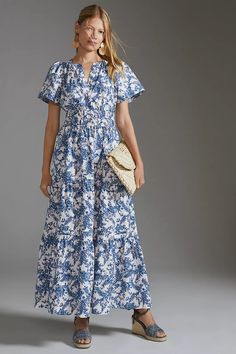 The Somerset Maxi Dress | Anthropologie Somerset Maxi Dress, Beautiful Long Dresses, Anthropologie Uk, Summer 2025, Short Sleeve Maxi Dresses, Pink Fits, Blue And White Floral, Floral Short, 50 Fashion