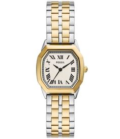 From Fossil&#x2C; this women's watch features:Two tone stainless steel bracelet and caseCream dial 2 pusher foldover clasp closureQuartz three-hand movementBand width approx. 16mmCase size approx. 27mmCase thickness approx. 8.2mmInner Circumference: 175 /- 5mmWater Resistance: 5 ATM2-year limited warrantyImported. Accessories Watches Women, Minimalist Watch Women, Gold And Silver Watch, Fossil Watches Women, Slim Watches, Cheap Watches, Minimalist Watch, Fossil Watch, Fossil Watches