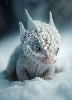 a close up of a small animal on a bed of snow with eyes wide open