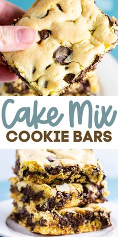 chocolate chip cookie bars stacked on top of each other with the text cake mix cookie bars